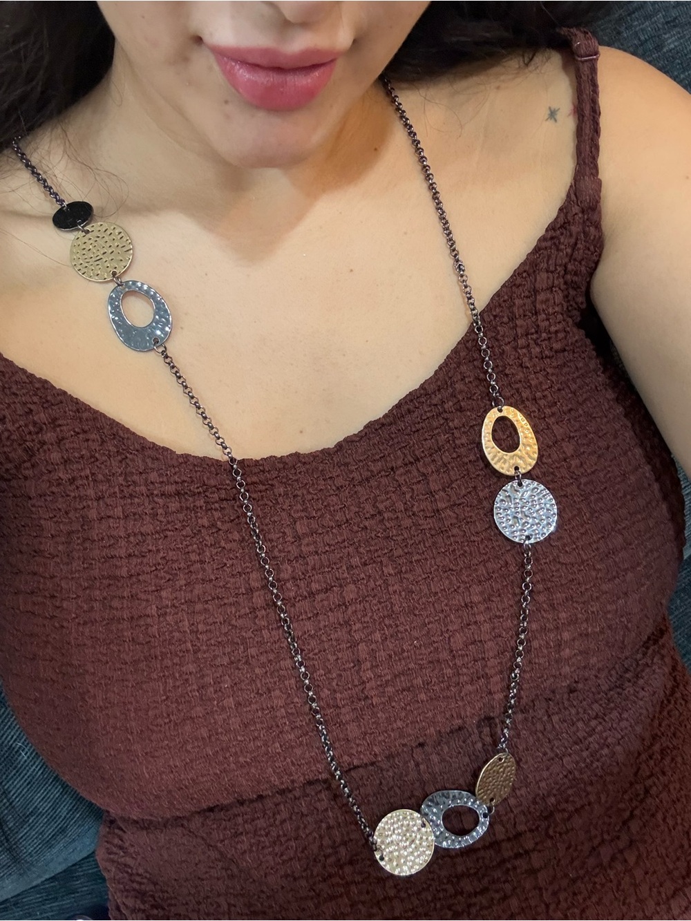 25-Multitone Hammered Disc Long Necklace - Gold & Silver